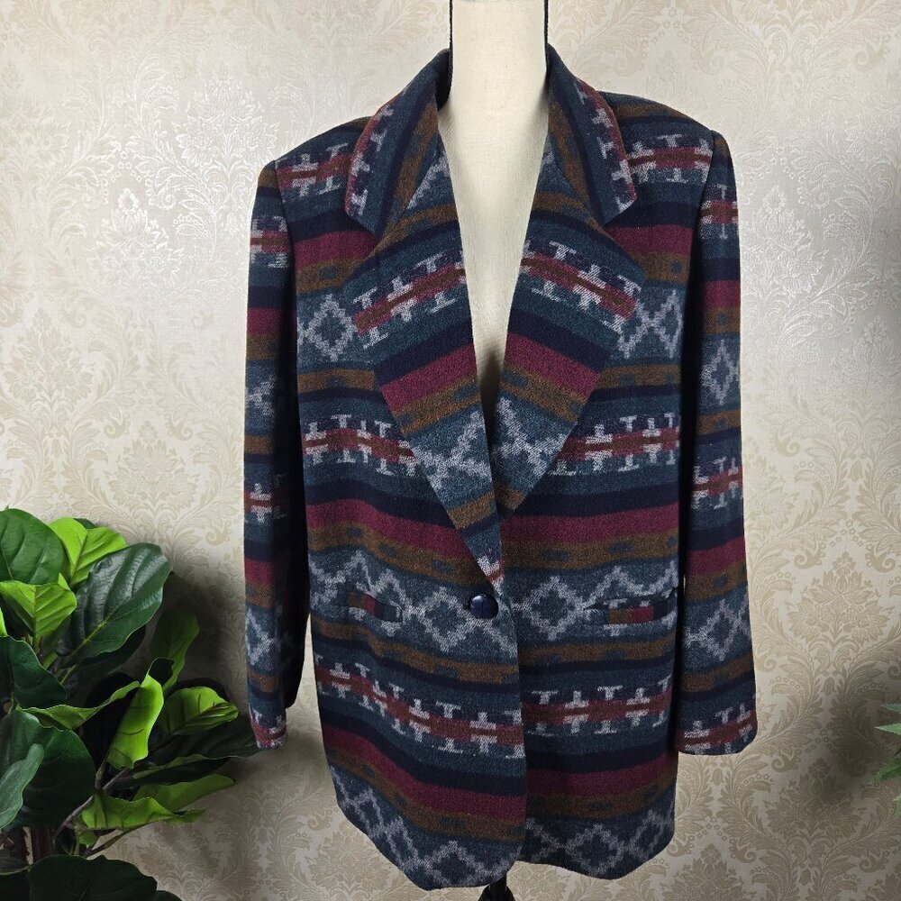 Braetan Size Large Southwestern/Aztec Print Wool Blend Blazer 1 Button Closure